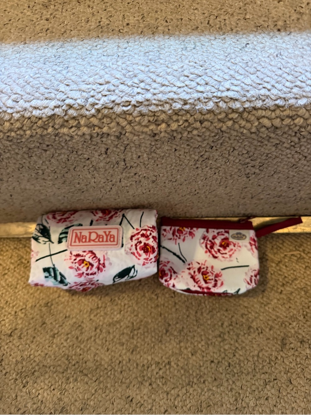 NaRaYa White & Pink Floral Mini Pouch with fold up shopping sack